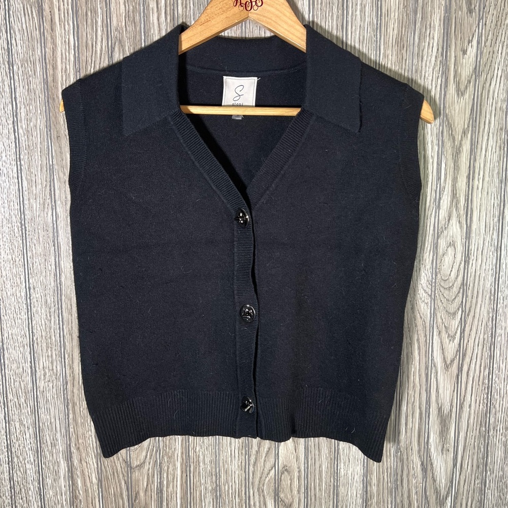 Black Silver Metal Button Down Cropped Cardigan Sweater Vest Collared